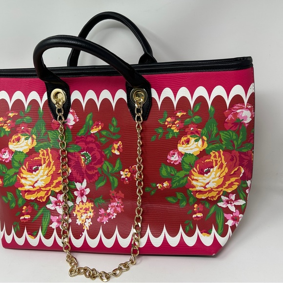 Betsey Johnson red roses double handle gold chain tote bag - Picture 14 of 14